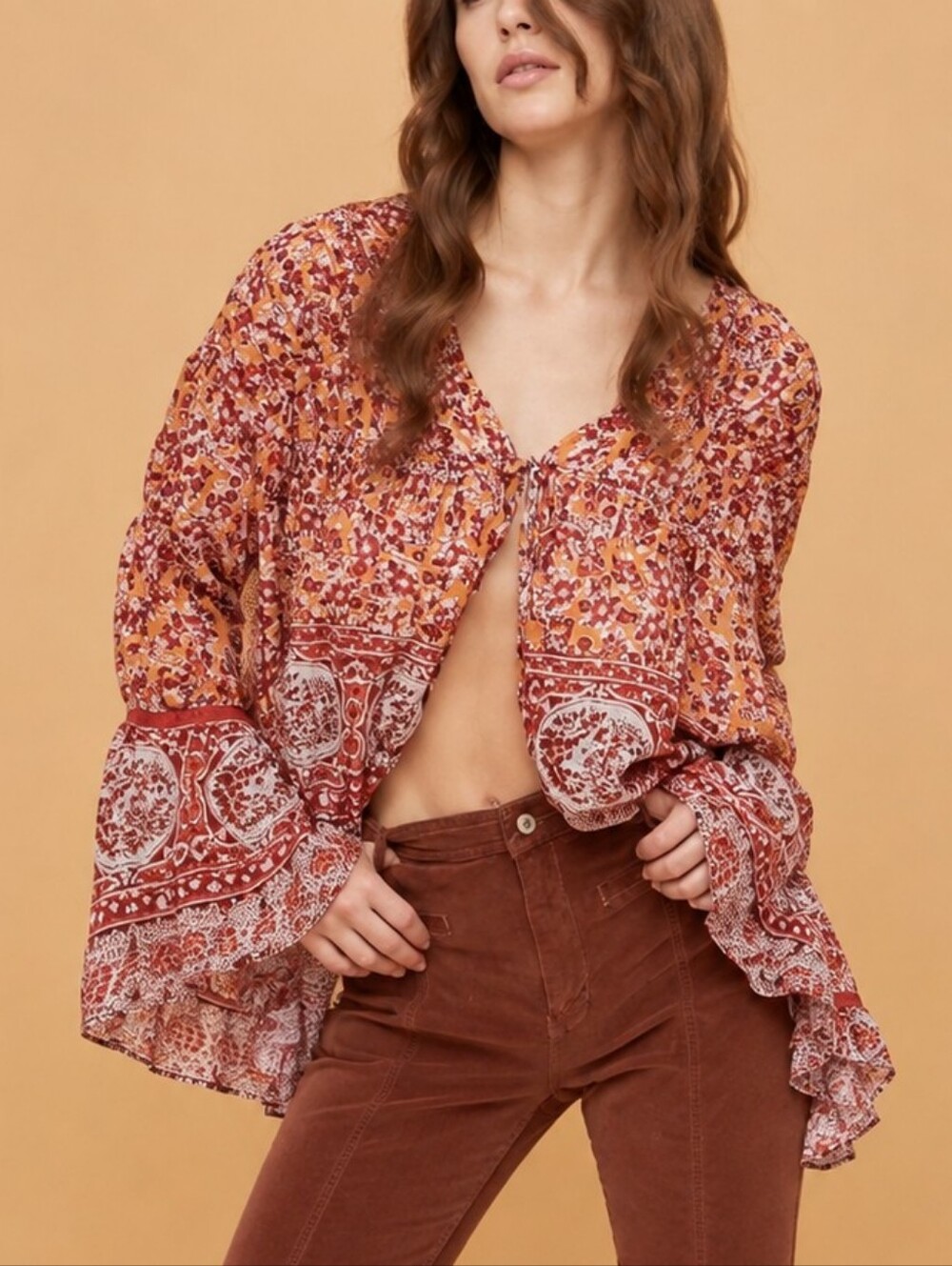 Free People Lorraine Tiered Kimono Top Mustard Combo Boho M